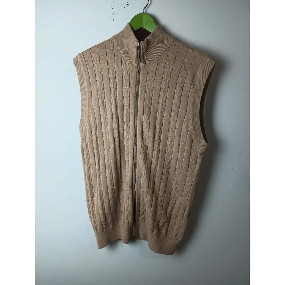 Paul Fredrick Mens Tan Cable Knit Full Zip Cotton Sweater Vest Medium Mock Neck